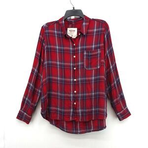 Mossimo Shirt Womens Size XL Red Soft Plaid Roll Tab Sleeves Button Up Top